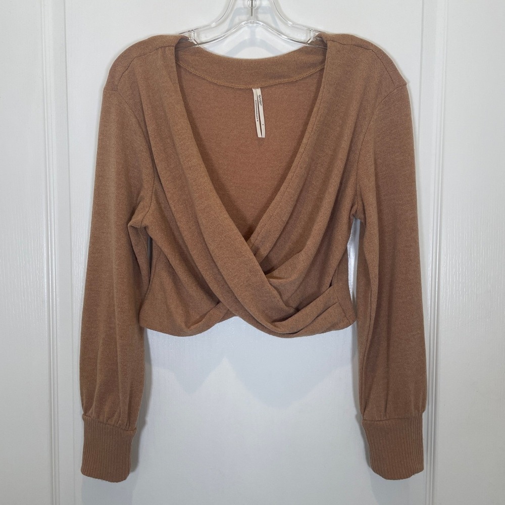 Anthropologie Twist Front V-Neck Crop Sweater Long Sleeve‎ Camel Brown Neutral S - Picture 2 of 7